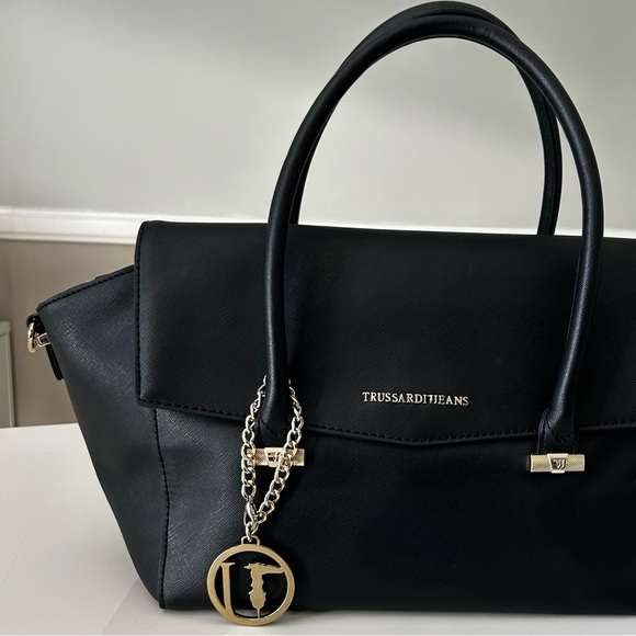 NWT Trussardi Black Satchel Shoulder Strap Gold Hardware Logo Bag Charm pockets - Picture 1 of 13